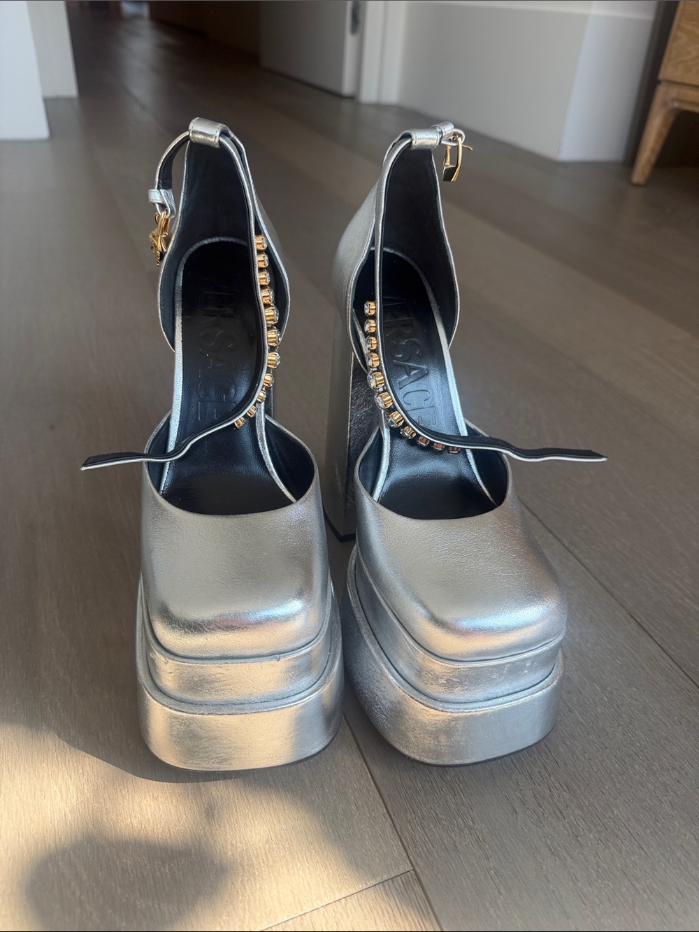 Versace Silver Platform Mary Jane Heels with Gold Stud Detail